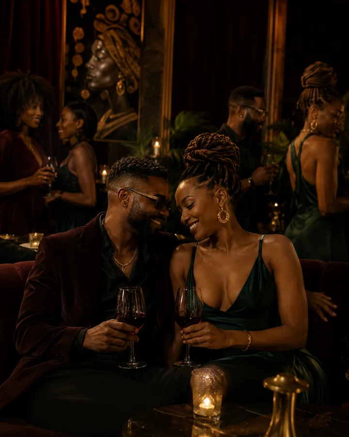 Stylish Black couple connecting during an elegant Love and Afrobeats lounge experience