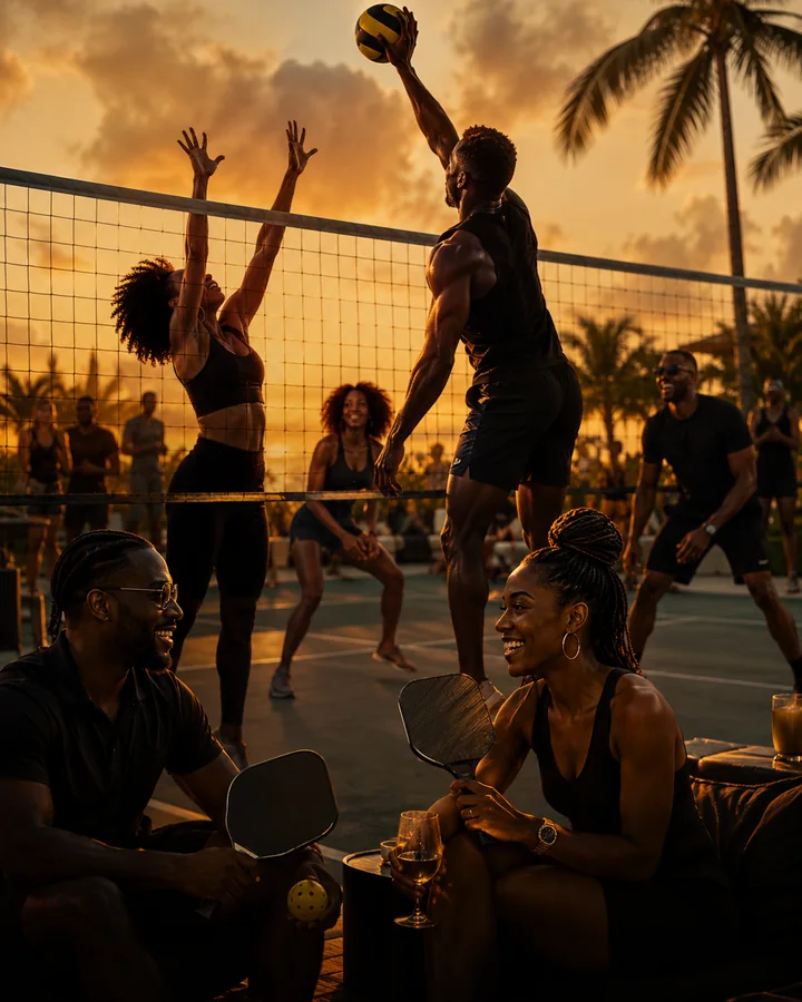 Black adults enjoying volleyball and pickleball during an energetic Sports and Vibes experience